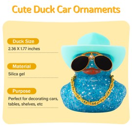 wonuu Car Dashboard Decorations Cowboy Hat Rubber Ducks, Colorful Duck for Car Ornament Accessories with Hat, Glasses, Necklace (Glitter Light Blue)