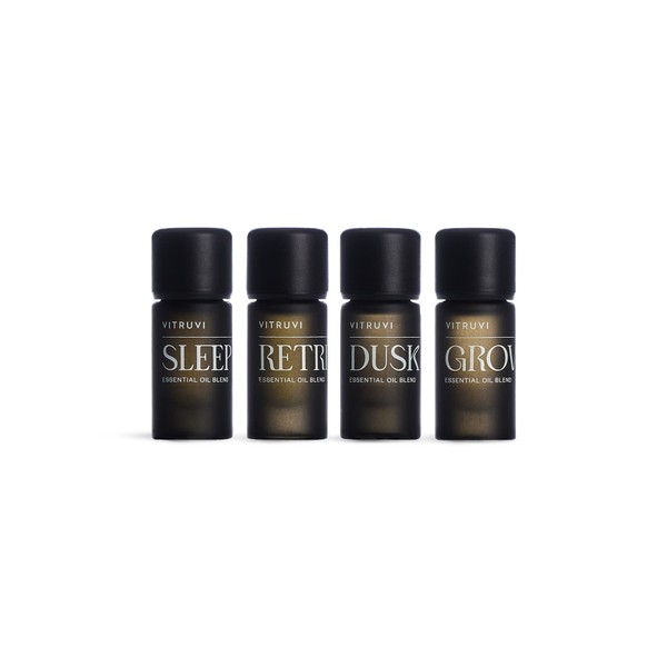 Vitruvi Rest Kit Blend Essential Oil | Calming Essential Oil Blends, 100% Pure | Sleep, Retreat, Dusk, and Grove Essential Oil Set | Essential Oils for Diffusers Aromatherapy 4x5 ml (0.17 fl. oz.)