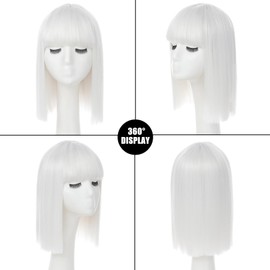 JSDshine White Bob Wig With Bangs - Heat Resistant 14Inch Synthetic Hair, Short Straight Shoulder Length Natural-Looking Cosplay Wig for Daily Use, Parties & Women Girls
