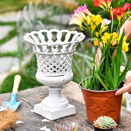 Sungmor Heavy Duty Cast Iron Urn Planter, Beautiful Hollow Trophy Design Tall Orchid Flower Pot, Large Decorative Plastic Flowers Plants Bouquets Vase, Rustic French Country Pot for Home or Garden