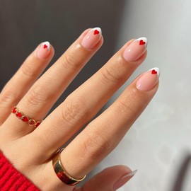 24Pcs Valentines Press on Nails Medium Almond Red Heart Fake Nails French Tip Nails Full Cover Love Heart Nail Designs Nude False Nails Glue on Nails Valentines Day Acrylic Nails for Women Girls