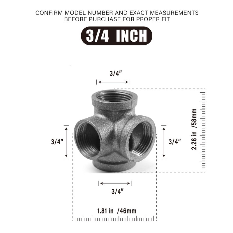 AGUTEA Right Angle Black Malleable Iron Tee Fitting 4-Way Side