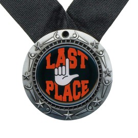Decade Awards Last Place World Class Medal with Black Ribbon - Silver | Engraved Best of The Worst Medallion - 3 Inch Wide (Silver) - Customize Now