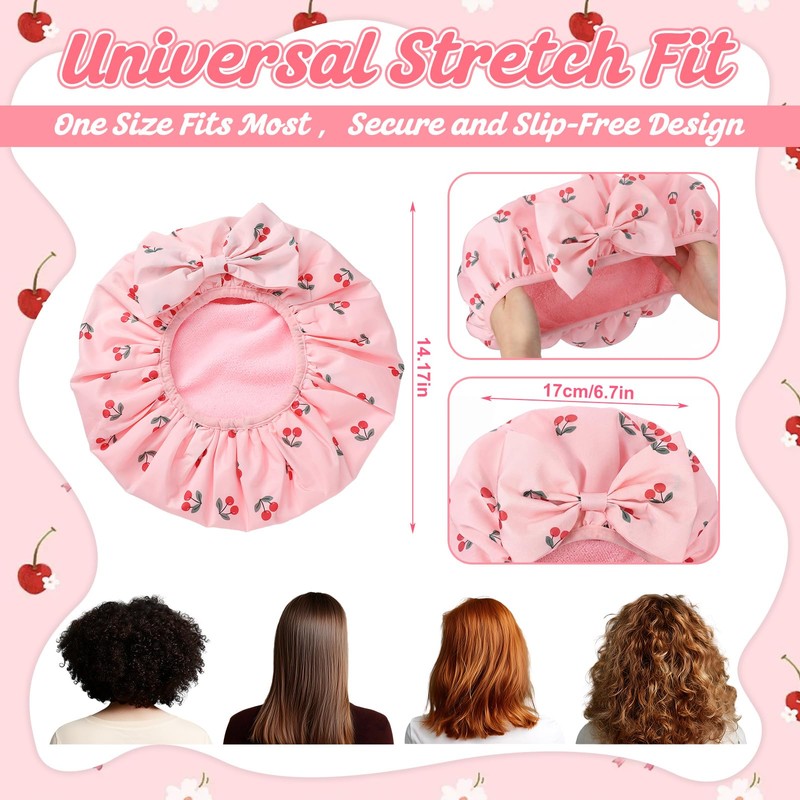 Cherry Shower Cap for Women Terry Lined Shower Cap
