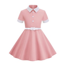 50s Style Dress for Kids 1950s Dresses for Girls Rockabilly Audrey Hepburn Prom Tea Party Cocktail Swing Dress with Collar Belt Retro Short Sleeve 40's 50’s Themed 1940s 1960s Outfits Pink 5-6 Years