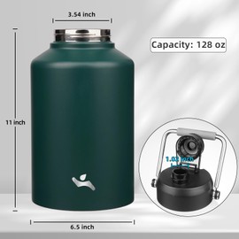 Konokyo 1 Gallon Jug with Handle,128 oz Insulated Water Bottle with Carrying Pouch, Double Wall Vacuum Stainless Steel Metal Bottle,Dark Green