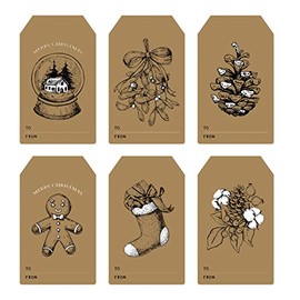 Easykart 300 Natural Kraft Tag Stickers in Sheets , 6 Assortment Christmas Theme Designs , 2 x 1.25" Inch Size Perfect for Christmas Decoration and Gifting ( 1 Pack )