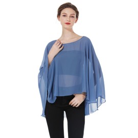 BEAUZSUZSANA Women Poncho Cape High Low Chiffon Shawls Wraps Scarves Capelets for Evening Dress Bridal Wedding Party (Slate Blue)