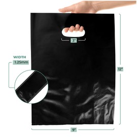 1000 Pack 9" x 12" with 1.25 mil Thick Black Merchandise Plastic Glossy Retail Bags - Die Cut Handles - Perfect for Shopping, Party Favors, Birthdays - Color Black - 100% Recyclable