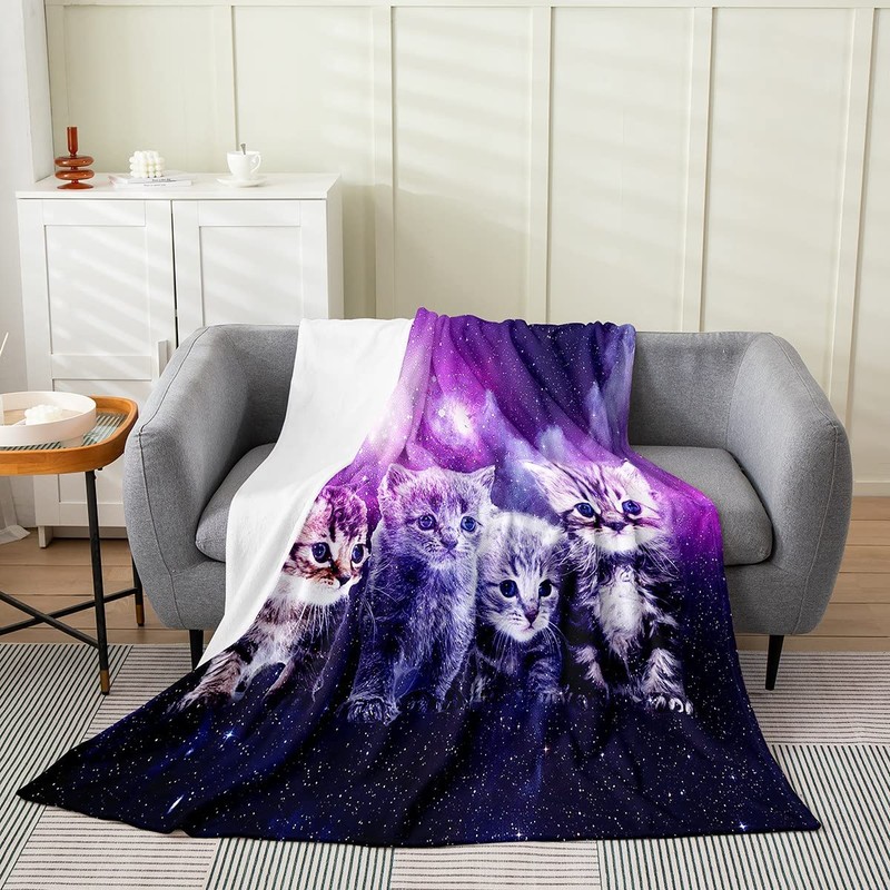 Pet Cats Fleece Throw Blanket，All Season Cat Purple Galaxy Bed