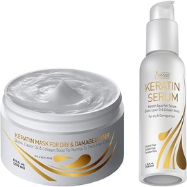 Vitamins Keratin Hair Treatment Kit - Repair Mask and Serum for Dry, Damaged, Curly, Wavy or Coarse Hair, with Heat Protectant, Anti-Frizz Gloss Boost - Pro Salon Care