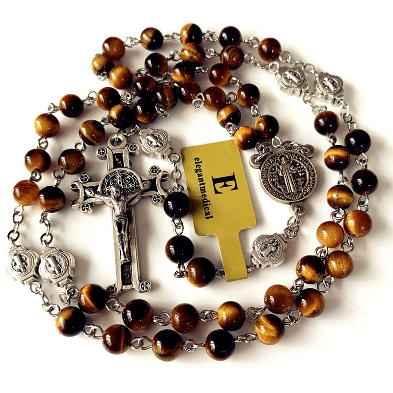 elegantmedical Catholic Nice Saint St. Benedict Tiger Eye Beads Gift