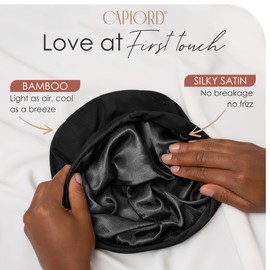 CAPLORD Adjustable Satin Bonnet for Men & Women - Satin Beanie for All Hair Types, Perfect as Sleep Bonnet for Curly or Soft Hair - Wrap Sleep Cap - Black