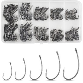 Barbless Fishing Hooks, 300pcs Carp Fishing Hooks Trout Hooks Circle Hooks Curve Shank Crank Fly Tying Hooks Carp Hair Fishing Bait Rigs for Freshwater Saltwater Fishing