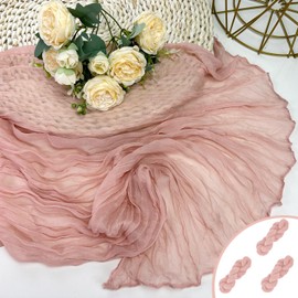 Booque Valley 3 Pack Dusty Pink Cheesecloth Table Runner 10ft Super Soft Boho Wrinkled Gauze Sheer Cloth for Baby Shower Baptism Birthday Party Wedding Centerpiece Table Decoration, 35x120 Inch