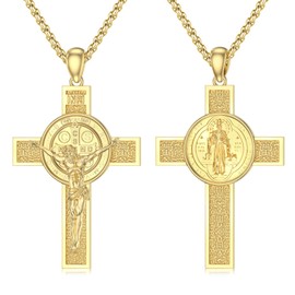 Midir&Etain St Benedict Crucifix Necklace 925 Sterling Silver Gold Saint Benedict Medal Necklace Crucifix Jesus Cross Pendant Protection Necklace Catholic Jewellery Gifts for Men Women