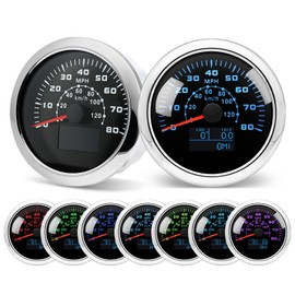 MH Boat GPS Speedometer Car 80mph/ 120km Speed 85mm 3 3/8" Waterproof 7 Color AUTO Gauge for Truck Marine (Black and Silver)