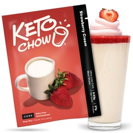 Keto Chow Strawberry Cream Core (Unsweetened) - Keto Meal Replacement Shake Powder - Nutritionally Complete - Low Carb - Delicious Easy Meal Substitute - Protein Rich, Dairy Free - Single Meal Serving