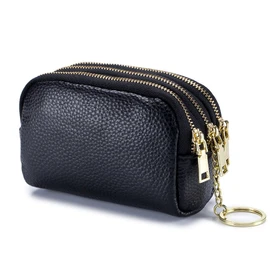 AprinCtempsD Ladies Coin Purse Genuine Leather Womens Mini Wallet Pouch with Key Ring Credit Card Holder Small with Multiple Zips (Black)