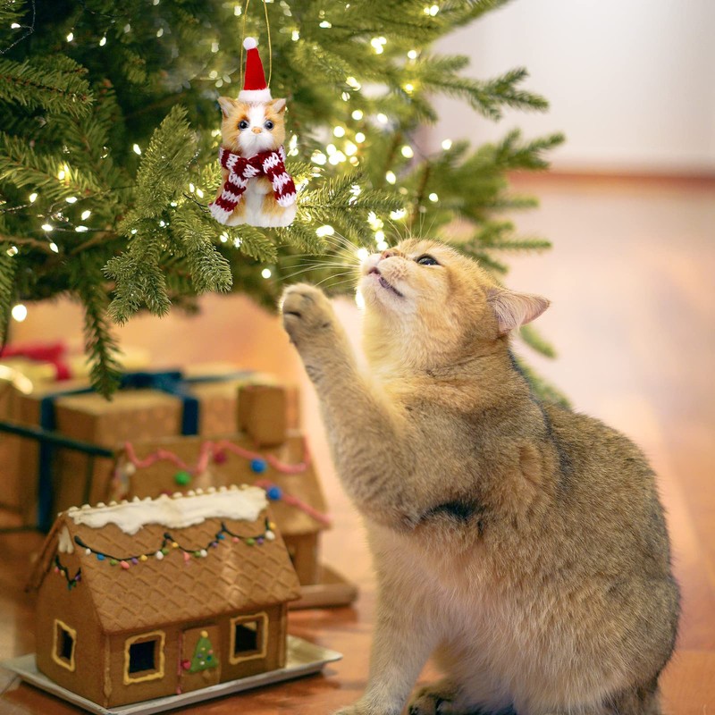 Christmas Cat Ornament with Hat & Scarf, Mini Plush Kitten