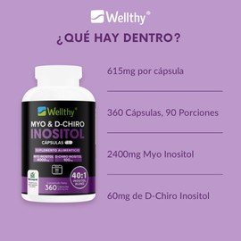 Wellthy Myo & D-Chiro Inositol 360 Cápsulas. Caronositol®. Mezcla Óptima 40:1, 2400mg Myo Inositol y 60mg D-Chiro Inositol, Ingredientes 100% Naturales, Gluten Free, Sugar Free, Vegan.