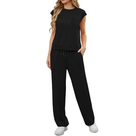 GRECERELLE 2 Piece Sets For Women Summer 2025 Outfits Lounge Sets Sleeveless Sweatsuits Matching Wide Leg Tracksuits With Pockets Black-L