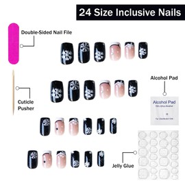 Christmas Press on Nails Short Square SWEKKE French Tip Fake Nails Black & White False Nails with Designs Snowflake Rhinestones Full Cover Glossy Glue on Nails for Women Girls 24 Pcs