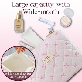 AMZMA Quilted Makeup Bag, Cute Floral Cotton Cosmetic Bag set, Coquette Bow Makeup Pouch Large Travel Toiletry Bag