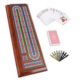 GSE Multi-Color 3-Track Wooden Cribbage Board Game Box with 2 Deck Playing Cards, 9 Metal Pegs and Storage Drawer, Three-Track Cribbage Board with Large Storage
