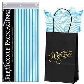Flexicore Packaging Black Kraft Paper Welcome Bags & Turquoise Gift Wrap Tissue Paper | Size: 5.25 Inch X 3.25 Inch X 8.25 Inch | Count: 5 Bags | Color: Turquoise Pin Stripe