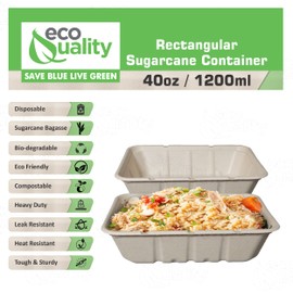 EcoQuality 40oz Disposable Bowls - Rectangular Compostable Sugarcane Fiber Biodegradable Paper Bowls Eco-Friendly Oblong Take Out Food Containers, Food Storage, Microwave Safe, Meal Prep (50 PACK)