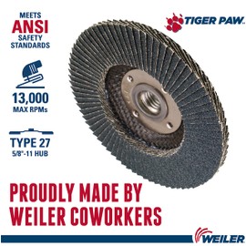 Weiler 51114 4-1/2" Tiger Paw Abrasive Flap Disc, Flat (Ty27), Phenolic Backing, 60Z, 5/8"-11 Unc Nut (Pack of 10)