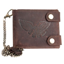 Biker Natural Leather Horizontal Wallet with Eagle and Metal Chain, brown, Casual