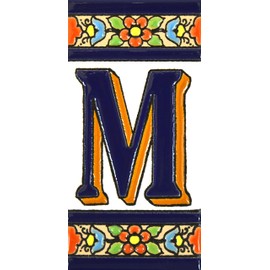 Handpainted polichrome ceramic tiles. letters and numbers handpainted using dry rope technique perfect to create signs,addresses and names. Design FLORES MEDIANO 4,29"X2,13" (LETTER M)