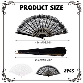 Pack of 2 Lace Fans, Vintage Hand Fans, Lace Bridal Fans, Folding Fans for Wedding, Prom, Fancy Dress Party (Black, White)