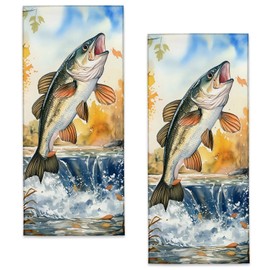 Bidesk Jumping Bass Fish Hand Towels, 2 Pack Microfiber Vibrant Fishing Scene Towel Set for Kitchen Bath Spa Sport, 14.5"×28", Bathroom Absorbent Decoration Hand Towel for Hotel Gym Beach