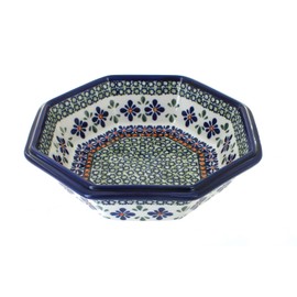 Blue Rose Polish Pottery Mosaic Flower Large Octagonal Bowl