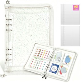Sealing Book, A5, Large, Transparent Seal Binder, 6 Holes, Binder with Zipper, 4 Pockets, Double-Sided Storage, 10 Refills Included, Card File, Boys and Girls, PP Sheet, Waterproof (White Glitter, A5)