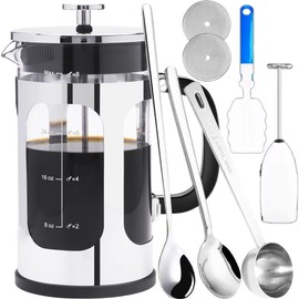 ADAMITA French Press Coffee Maker 8 cups 34 oz 304 Stainless Steel Coffee Press with 4 Filter Screens, Easy Clean Heat Resistant Borosilicate Glass - Free 100% BPA… (Silvery-BO90893-SS, 34 oz)