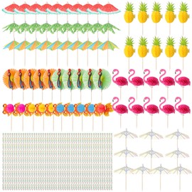 saerryor 130 Pcs Cocktail Accessories for Drinks, Cocktail Party Decorations Colourful Paper Drinks Umbrellas Straws Fruit Sticks Summer Party Accessories Beach Party Festival