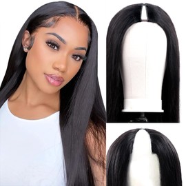 200% Density V Part Wig Human Hair Straight Human Hair Glueless Wigs with Drawstring Upgrade U Part Human Hair Wig for Women No Leave Out No Sew In Natural Color 22 Inch