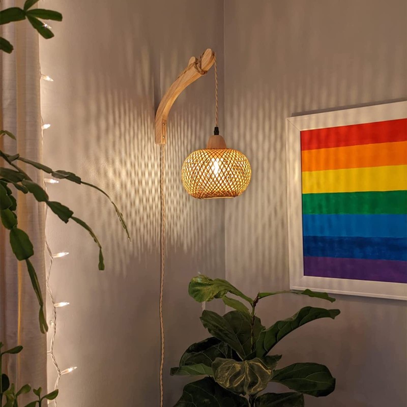 Frideko Bamboo Lantern Plug in Wall Sconces Wicker Wall Lamp