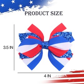 2PCS Patriotic Red White Blue Hair Bows, IKOLA 3-Layer Handmade Sequin Ribbon Bows Non-Slip Metal Alligator Hair Clips 4th of July Independence Day Hair Accessories for Women & Girls