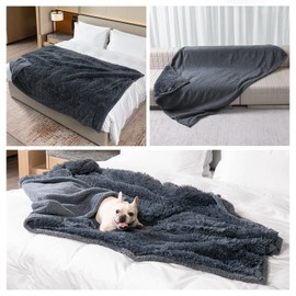Waterproof Dog Calming Blanket Gray Pet Throw Blankets for Dogs Cats Fluffy Long Faux Fur Puppy Couch Cover Reversible Love Bed Mat Washable(Gray,S-40x28in)