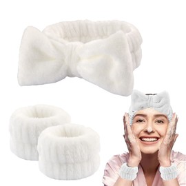 WUBAYI 3-teiliges Spa-Stirnband-Set, tragbares, wasserdichtes Armband, Make-up-Stirnband, weiches Plüsch, dehnbar, Schmetterling, Gesichtswäsche, Bandana mit Armband-Set (weiß)