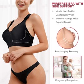 Bafully Women's Post-Operative Support Sports Bra Front Closure Racerback Removable Padded Bra, black