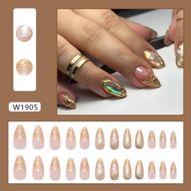 Medium Almond Press on Nails Fake Nails Gold Nails Nude Nails Press ons Glossy Glue on Nails Cute Acrylic Nails French Tip False Nails Artificial Stick on Nails for Women 24Pcs (Gold-5, M-5)