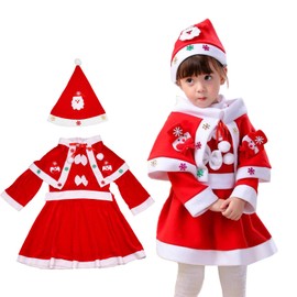 [LAMONKE] Santa Claus Cosplay Costume, Children's Costume, Santa Cosplay, 3-piece Set, Hat, Hood, Dress, Girl Cosplay, Party, Christmas, School Festival, Event (Girls (Hat + Hood + Dress), 51.2 inches