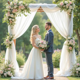 FANPROMS White Sheer Backdrop Curtains 5x10ft 2 Panels Chiffon Fabric Wedding Drapes Tulle Backdrop Curtains for Parties Sheer Cloth Drapes for Backdrop Ceiling Backdrop for Reception Decorations