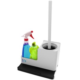 White Toilet Brush and Holder Set - Wall Mounted Toilet Brush Holder with Tray and Compartment for Toilet Cleaning Supplies, Metal Toilet Bowl Cleaner Brush with Replaceable Head